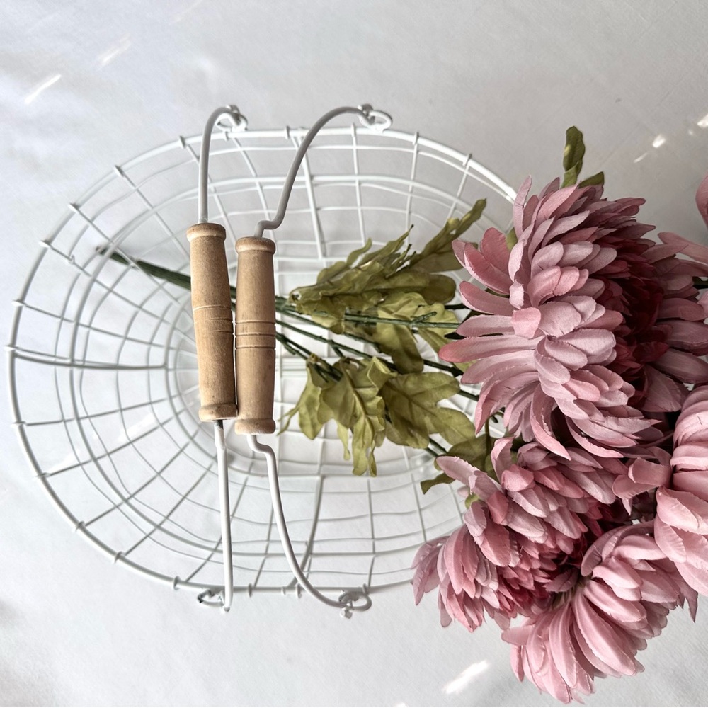 White Wire Basket with Wooden Handles